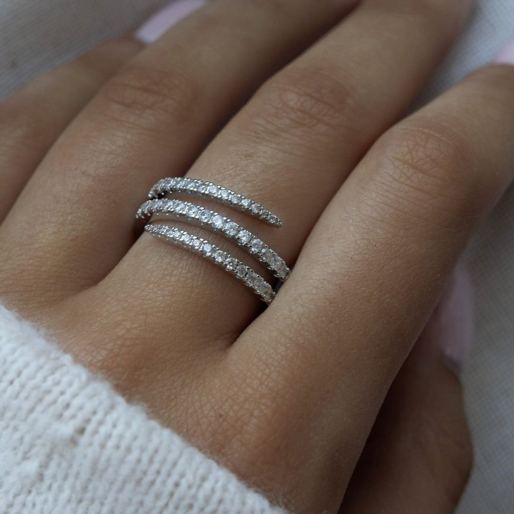 Silver Pave Diamond CZ Spiral Ring, Cubic Zirconia Statement Adjustable Ring